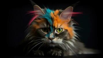 Humorous Portrait of a Colorful Cat with a Punk Mohawk photo