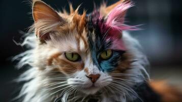 Humorous Portrait of a Colorful Cat with a Punk Mohawk photo