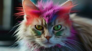 Humorous Portrait of a Colorful Cat with a Punk Mohawk photo