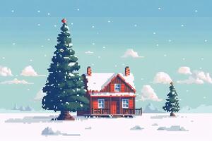 Winter Wonderland Pixel Art Illustration of a Christmas Tree and House in the Snow photo