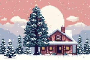 Winter Wonderland Pixel Art Illustration of a Christmas Tree and House in the Snow photo