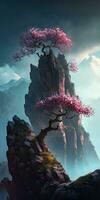Enchanted Cherry Blossom Tree atop Mossy Peaks in Zhangjiajie photo