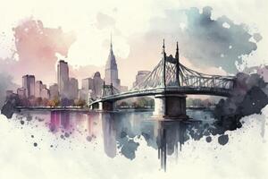 Watercolor Cityscape with Bridge and River photo