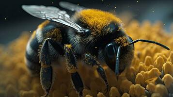 Bumble Bee Collecting Pollen from Yellow Flower in Closeup Shot photo