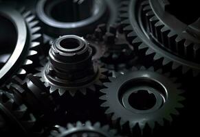 Mechanical Abstraction CloseUp of Gears and Gear Shaft in Dark and Light Gray photo