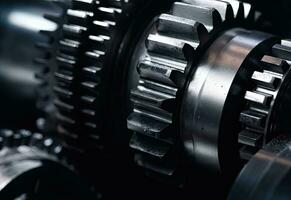 Mechanical Abstraction CloseUp of Gears and Gear Shaft in Dark and Light Gray photo