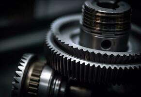 Mechanical Abstraction CloseUp of Gears and Gear Shaft in Dark and Light Gray photo