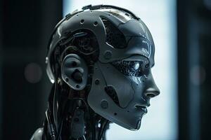Digital Brain CloseUp Portrait of Android Artificial Intelligence Robot Head photo