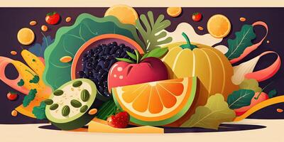 Vibrant Illustration of Fresh and Healthy Food on a Beautiful Background with Space for Text photo