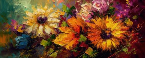 Vibrant Oil Painting of Colorful Flowers on a Colorful Background photo