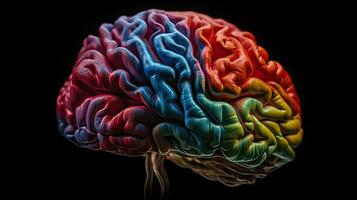 vibrante humano cerebro modelo en negro antecedentes para médico presentaciones y educativo materiales foto