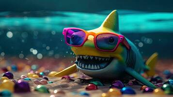 Playful Toy Shark Wearing Sunglasses Underwater photo