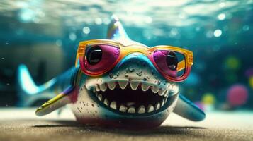 Colorful Toy Shark Wearing Sunglasses Attacking Underwater photo