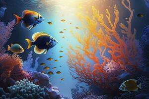 Vibrant Coral Reef with Colorful Tropical Fish in Clear Water Under Sunlight photo