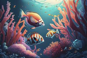 Vibrant Coral Reef with Colorful Tropical Fish in Clear Water photo