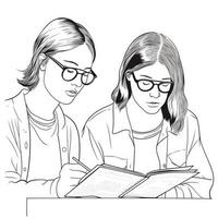 Two Young Women Reading a Book in a Continuous Line Drawing Style photo