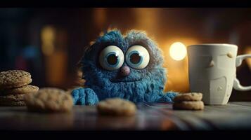 Delicious Cookies and Coffee on Rustic Burlap Table with Cute Blue Monster photo