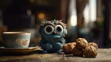 Delicious Cookies and Coffee on Rustic Burlap Table with Cute Blue Monster photo