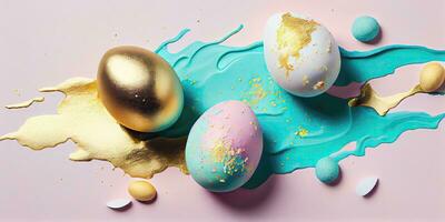 Colorful Easter Eggs with Gold Paint Splashes on Copy Space photo