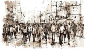 Urban Sketching of a Crowd Walking  Panoramic View photo