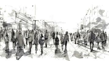 urbano dibujar de un multitud caminando en tinta foto