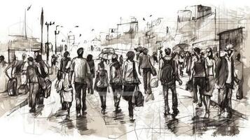 urbano dibujar de un multitud caminando en tinta foto