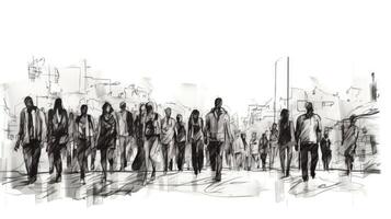 Urban Sketching of a Crowd Walking in Ink Sketch photo