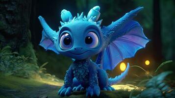 Peaceful Blue Baby Dragon in a Fantasy Forest photo