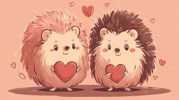 Adorable Hedgehog Couple in Love Holding Hearts photo