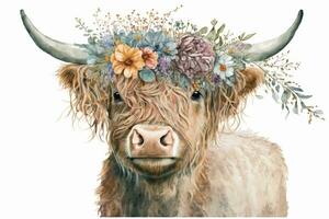 adorable tierras altas vaca vistiendo un flor corona en suave acuarela foto
