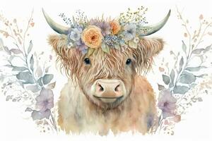 adorable tierras altas vaca vistiendo un flor corona en suave acuarela foto