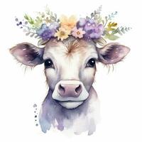 adorable acuarela ilustración de un vaca vistiendo un flor corona foto