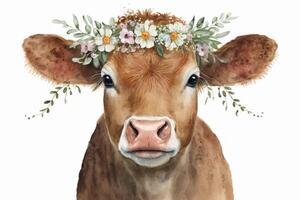 adorable acuarela ilustración de un marrón vaca vistiendo un flor corona foto