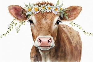 adorable acuarela ilustración de un marrón vaca vistiendo un flor corona foto