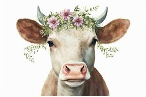 adorable acuarela vaca vistiendo un flor corona en blanco antecedentes foto