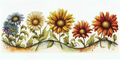 Charming Watercolor Painting of a Daisy Chain in Bright and Bold Colors for Invitations and photo