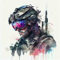 Futuristic Cyborg Soldier with Advanced Weaponry and Goggles in Watercolor Art photo