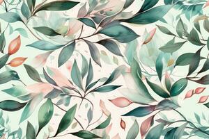 AsianInspired Delicate Watercolor Floral Pattern with Soft Green Leaves photo