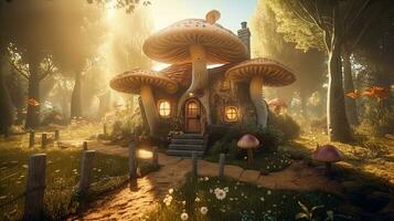 encantado tetera casa en un mágico bosque con Dom rayos y seta arboles foto