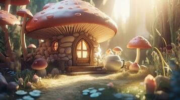 Enchanted Teapot House in a Magical Forest with Sun Rays and Mushroom Trees photo
