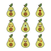 Vector set of fruit emoticons. Cute avocado emoji with face.