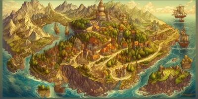 Intricate BaroqueStyle Fantasy Map on Old Parchment with Vivid Colors photo