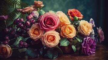 Deep and Colorful Vintage Roses Bouquet on Blurred Background photo