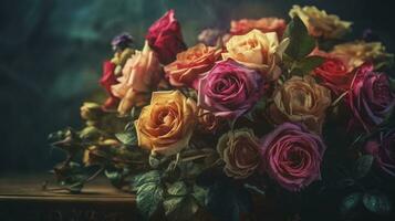 Deep and Colorful Vintage Fantasy Roses Bouquet on Blurred Background photo