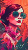 Retro Fashion Girl with Bold Graphic Illustration Style Sunglasses and Exotic Leaves photo