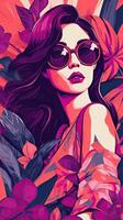 Retro Fashion Girl with Bold Graphic Illustration Style Sunglasses and Exotic Leaves photo