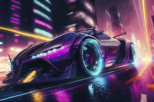Speeding Through a Neon Cyberpunk City in a Sports Car photo