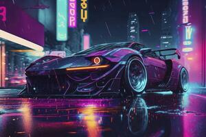 exceso de velocidad mediante un neón cyberpunk ciudad en un Deportes coche foto