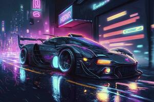 Speeding Through a Neon Cyberpunk City in a Sports Car photo