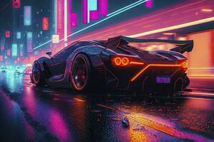 exceso de velocidad mediante un neón cyberpunk ciudad en un Deportes coche foto